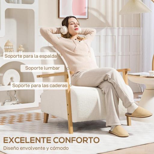 Sillón Nórdico de Borreguito Acolchado Grueso y Patas de Madera Asiento Amplio para Salón Dormitorio 74,5x76x78 cm Crema [3]