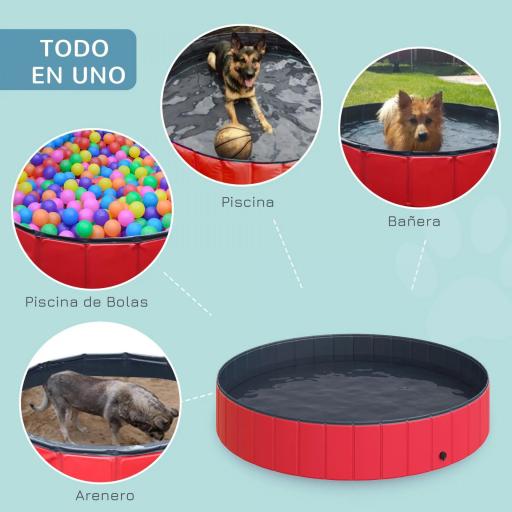 Piscina Plegable para Perros Gatos Ø160x30 cm Bañera Portátil para Mascotas PVC Antideslizante Múltiples Usos para Interiores y Exteriores Rojo [5]