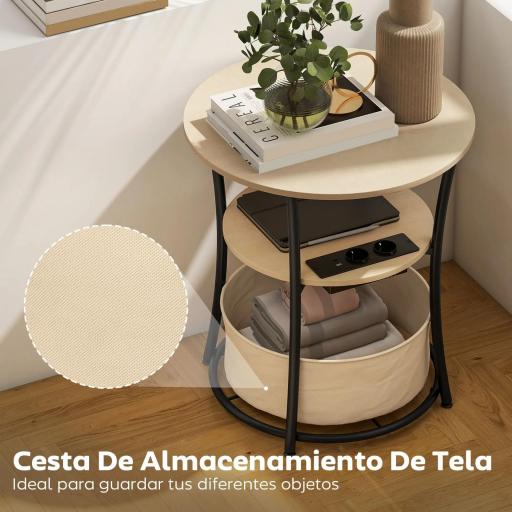 Mesa Auxiliar Redonda de 3 Niveles con Estación de Carga 3 Estantes y Bolsa para Salón Dormitorio Ø50x55,1 cm Natural [2]