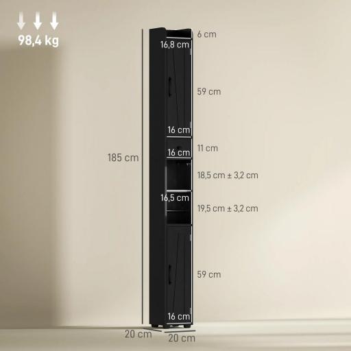 Columna de Baño con 2 Puertas Compartimento Abierto Estantes Ajustables y Portarrollos 20x20x185 cm Negro [1]