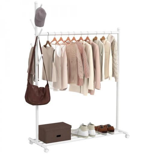 Burro para Ropa con Ruedas 5 Ganchos Barra para Colgar y Balda Inferior para Recibidor Entrada 120x43x171 cm Blanco [9]