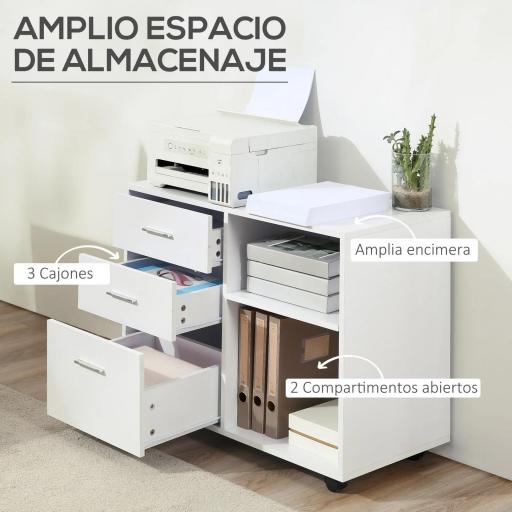 Armario de Oficina para Impresora Mueble Multifuncional con 3 Cajones Estantes y Ruedas 80x40x65 cm Blanco [5]
