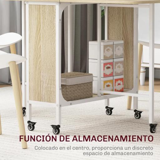 Mesa de Cocina Plegable con Ruedas Alas Abatibles y Estante Mesa Plegable para Salón 130x80x74 cm Madera Natural [4]