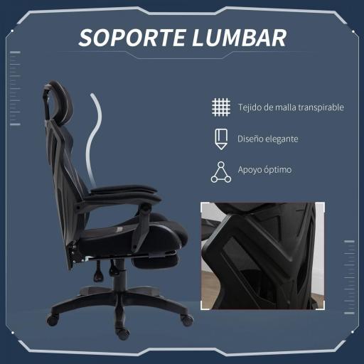 Silla Gaming con Reposapiés Retráctil Silla de Oficina Giratoria Reclinable con Reposacabezas y Altura Ajustable 65x65x119-129 cm Negro [6]