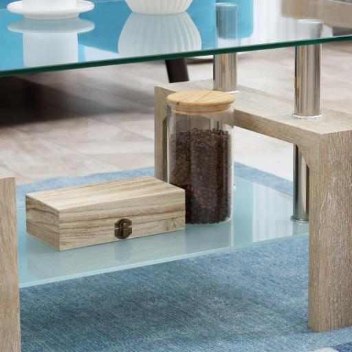 Mesa de Centro Rectangular de Vidrio con Estante Patas de Madera Estilo Moderno 90x50x42 cm Madera Natural [7]
