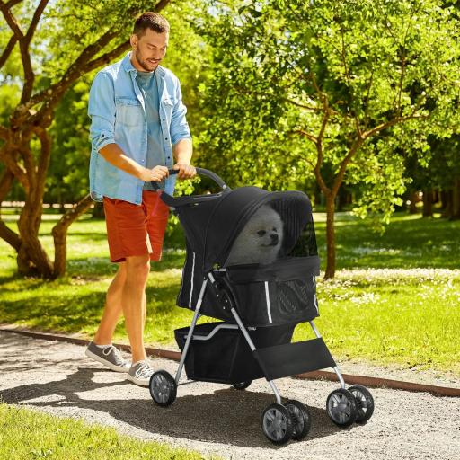 Carrito para Perros Pequeños con Toldo Ajustable Cesta de Almacenaje Portavasos y Ruedas 75x45x97 cm Negro