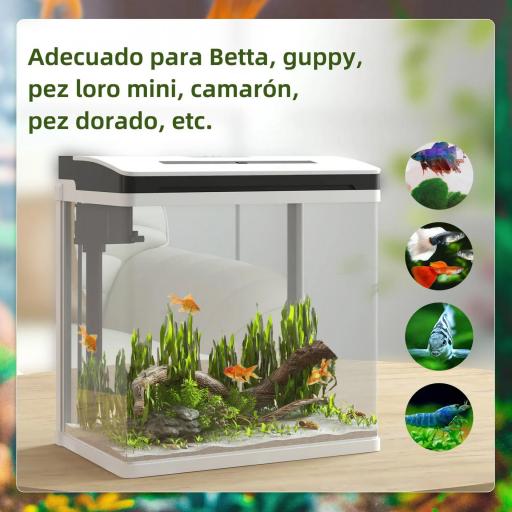 Acuario de Cristal de 13L Pecera Pequeña con Sistema de Filtro Iluminación LED Bomba de Agua 29x20x30,5 cm Blanco [2]