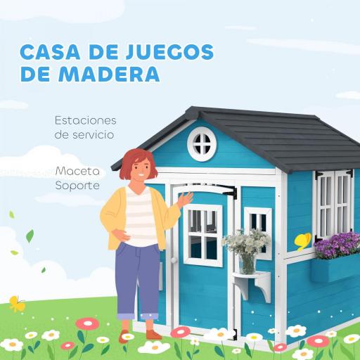 Casita de Madera Infantil con Puerta Ventanas Jardineras y Repisas con Detalles de Color 114x126,4x135 cm Azul [3]