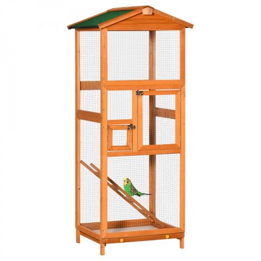 Jaula para Pájaros Grande de Madera de Abeto con 2 Puertas Bandeja Extraíble y Techo Asfáltico 68x63x165cm Madera [8]