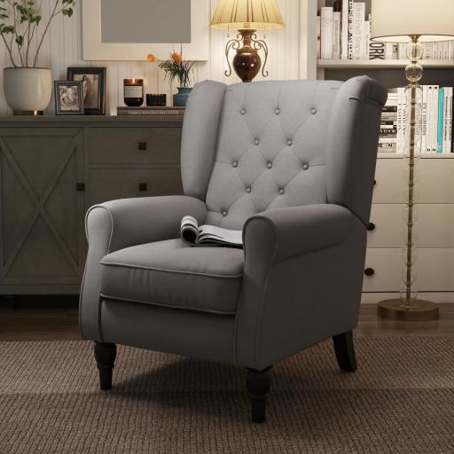 Sillón de Salón con Reposacabezas y Patas de Madera Butaca Carga 160 kg para Dormitorio Oficina Sala de Estar Gris