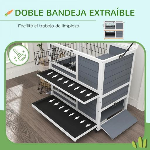 Jaula para Conejos de 2 Niveles 90x53x97 cm con Ruedas Techo Abatible Bandeja Extraíble Comedero y Rampa Gris [4]