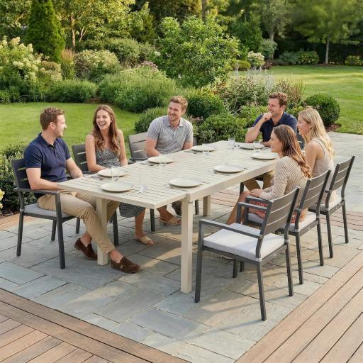 Mesa de Jardín Extensible 150/225x85x75 cm Mesa de Comedor de Aluminio con Tablero de Listones para 6-8 Personas Blanco [3]