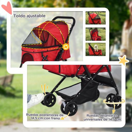 Carrito para Perros Plegable con Mango Reversible Ventana de Malla Cesta de Almacenamiento 76,5x52x95 cm Rojo [4]