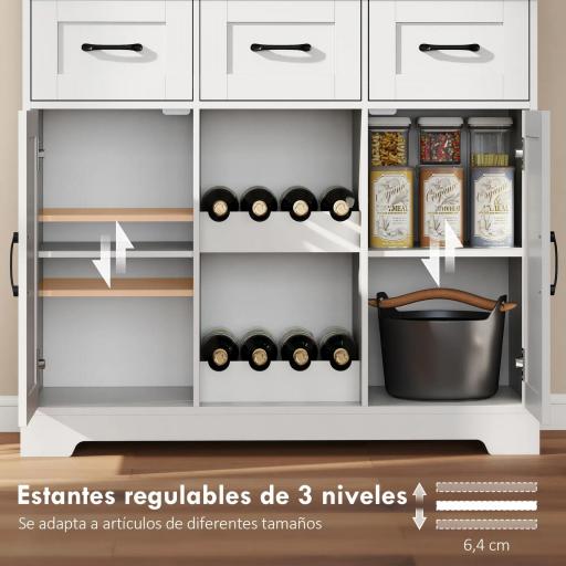 Alacena de Cocina con Botellero para 8 Botellas 4 Puertas 3 Cajones Encimera Amplio 100x38x172 cm Blanco [3]