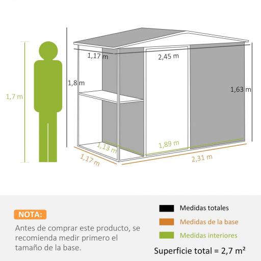 Cobertizo de Jardín con 2 Estantes Puerta con Cerradura y Estructura Resistente en Acero Galvanizado 245x117x161/180 cm [1]