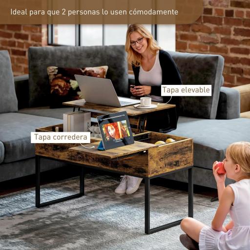 Mesa de Centro Elevable con Encimera Deslizante Cierre Suave Espacio Oculto de Almacenaje 100x45x67 cm Marrón Rústico [2]