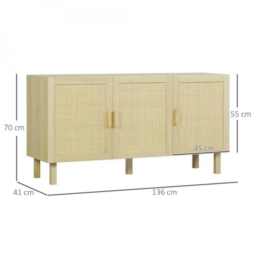 Aparador 3 Puertas de Rejilla de Ratán con Estantes Ajustables para Comedor Entrada Dormitorio Natural 136x41x70 cm [1]