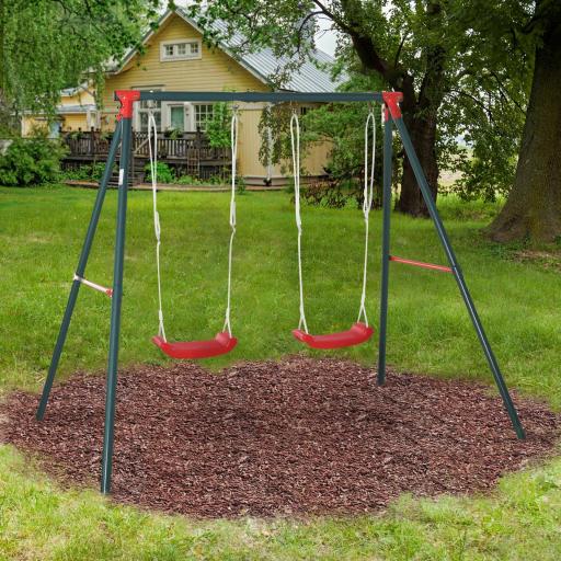 Columpio Doble para Niños +3 Años con Soporte de Metal Juego de Columpio Infantil Cuerda Ajustable Exteriores Carga Máx. 40kg 239x156x180 cm Verde Rojo