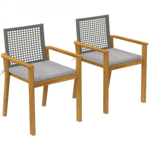 Juego de 2 Sillas de Jardín Exterior de Madera Apilables con Cojines Desmontables Brazos Respaldo 59x55x86 cm Natural [8]