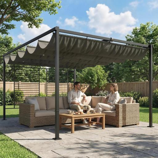 Pérgola de Jardín 4x3 m con Techo Retráctil 2 Paneles de Privacidad UPF50+ Cenador de Jardín para Patio Exterior Gris