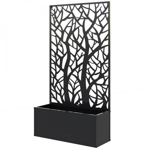 Jardinera Elevada con Panel de Privacidad de Ramas Decorativas de Metal y Opción de Montaje en Pared 61x23x113 cm Negro [4]
