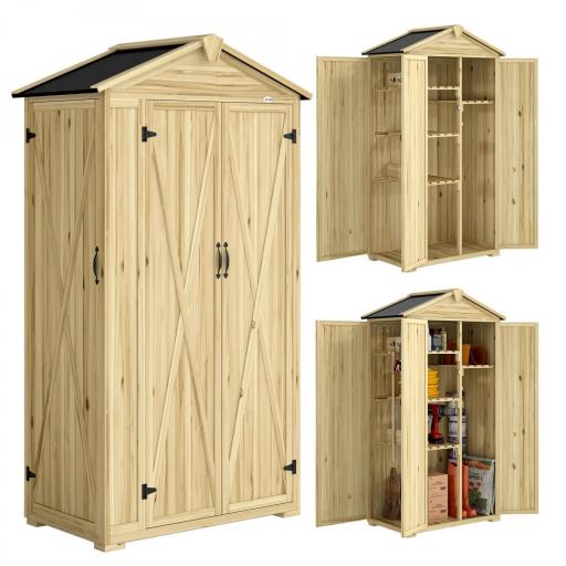Caseta de Jardín de Madera 93x53x168 cm Armario para Herramientas con 4 Estantes 3 Puertas y Ganchos Madera Natural [9]