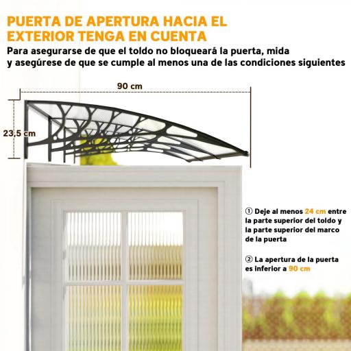 Marquesinas para Puertas y Ventanas 90x295x23,5 cm Tejadillo de Protección contra Sol y Lluvia Diseño Moderno Aleación de Aluminio Transparente [5]