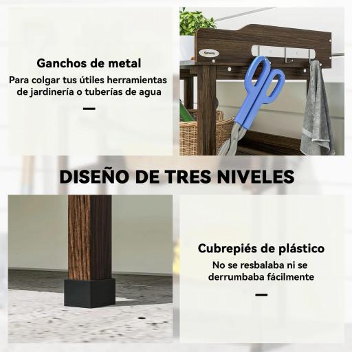 Mesa de Jardinería de Madera con Superficie Metálica Estantes y Ganchos para Jardín Terraza 76x37x89 cm Carbonizado [1]