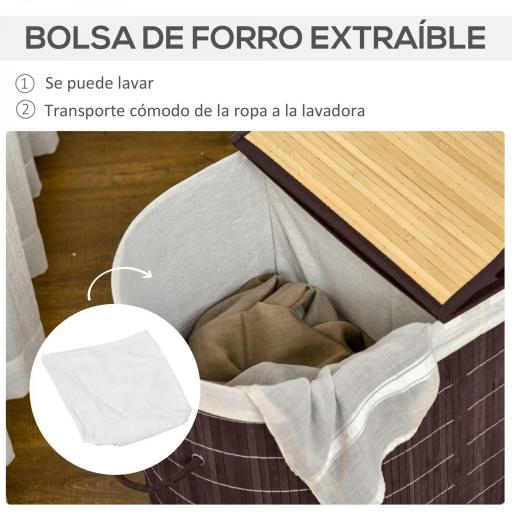 Cesto para Ropa Sucia de Bambú Capacidad de 100L Cesta para la Colada con 2 Compartimentos 62,5x37x60,5cm Marrón [4]