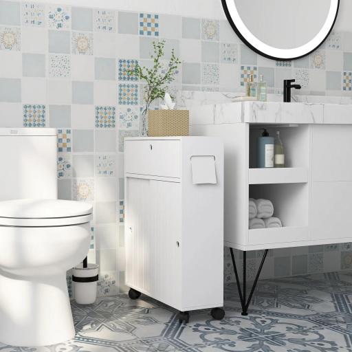 Armario de Baño Mueble Auxiliar con 4 Ruedas 2 Agujeros para Papel 2 Armarios y Estantes Ajustables 52x17x67 cm Blanco