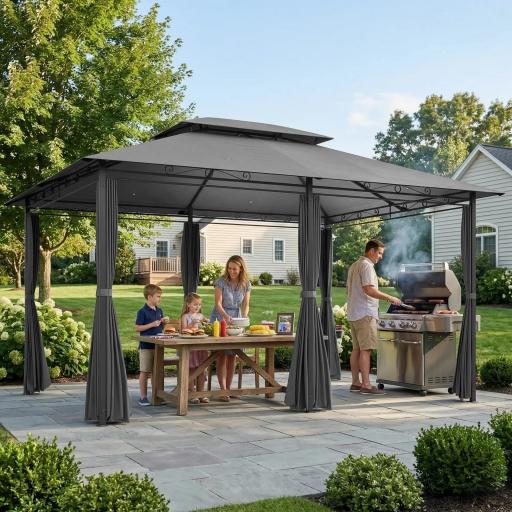 Cenador para Jardín 3x4 m Pabellón de Jardín Gazebo con Doble Techo 6 Paredes Laterales Estructura Metálica Gris [3]