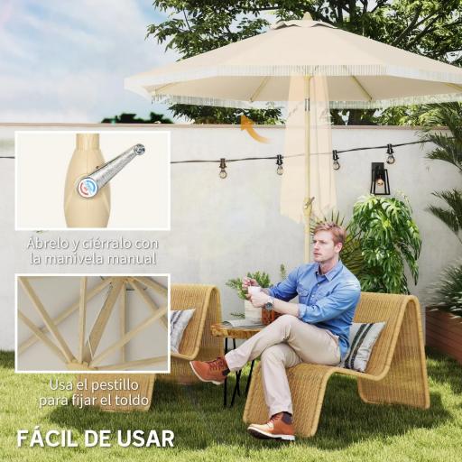 Sombrilla de Jardín Ø265x244 cm con Manivela Manual Ángulo Ajustable y Flecos de Estilo Boho para Terraza Piscina Crema [6]
