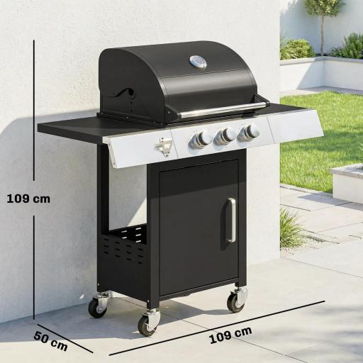 Barbacoa de Gas con 3 Quemadores 8,1 kW Termómetro Parrillas Mesas Laterales Armario y Ruedas 109x50x109 cm Negro [1]