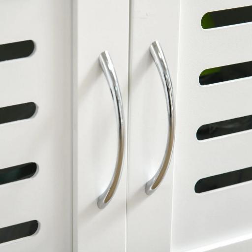 Carrito de Cocina con Ruedas Carro de Almacenamiento Multiuso con Encimera de Bambú Cajón Cesta Metálica y Armario de 2 Puertas de Persiana 58x37x85,5 cm Blanco [4]
