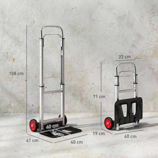 Carretilla de Mano Plegable de Aluminio Carga 90 kg con Ruedas Mango Telescópico Ajustable 40x41x108 cm Plata y Negro [6]