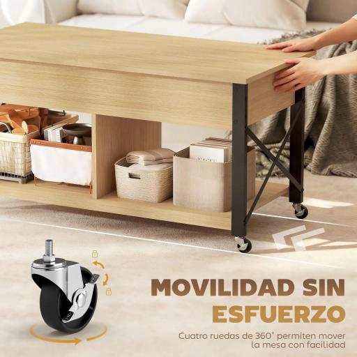 Mesa de Centro Elevable con Ruedas Mesa de Salón con Compartimento Oculto Estantes Abiertos Madera Natural y Blanco [5]