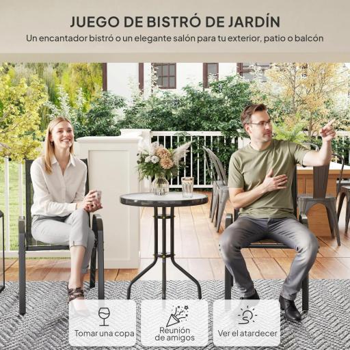 Conjunto de Jardín de 3 Piezas con Mesa Redonda Encimera de Vidrio y Sillas Apilables para Exteriores Negro [2]