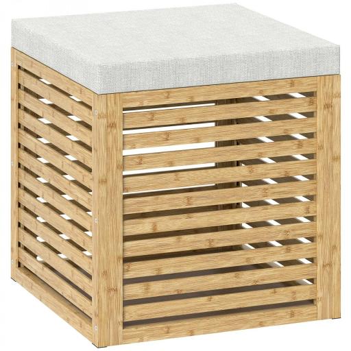 Baúl de Almacenaje para Dormitorio 54,7L con Asiento Desmontable Marco de Bambú 40x40x47 cm Gris y Natural [6]