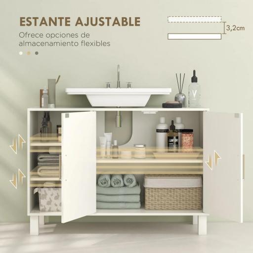 Mueble bajo Lavabo Mueble de Baño Moderno con 2 Puertas y Estantes Ajustables 90x30x63 cm Crema [3]
