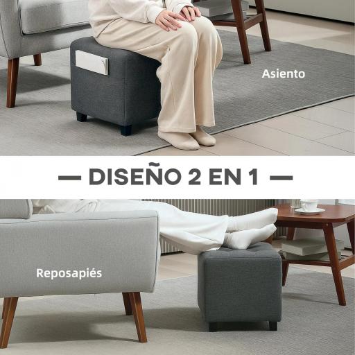 Reposapiés de Salón Taburete Bajo Tapizado en Lino con Bolsillo Lateral y Tapa con Botones Acolchados Gris [6]