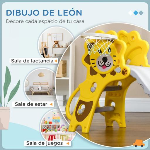 Tobogán para Niños de 18 a 36 Meses con 2 Escaleras 1 Canasta de Baloncesto y Patrón de León 131x50x74cm Amarillo y Gris [2]