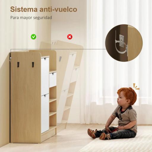 Zapatero Entrada Recibidor con Cajón Estantes Abiertos 4 Ganchos para 14 Pares de Zapatos Natural y Blanco [2]