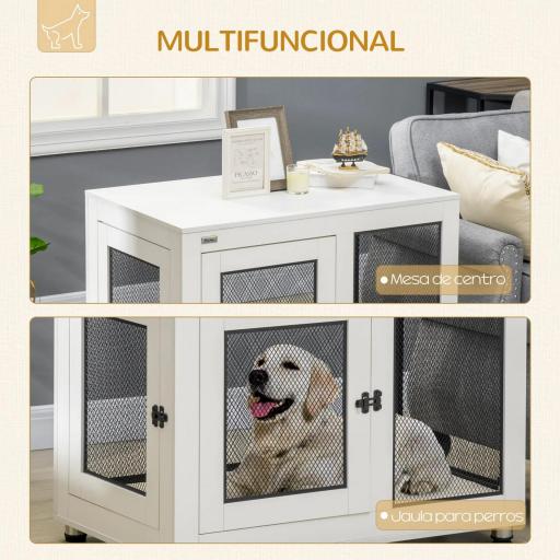 Jaula para Perros Medianos de Interior Mesa Auxiliar con 2 Puertas con Pestillo y Cojín 94x60x71,5 cm Blanco [5]