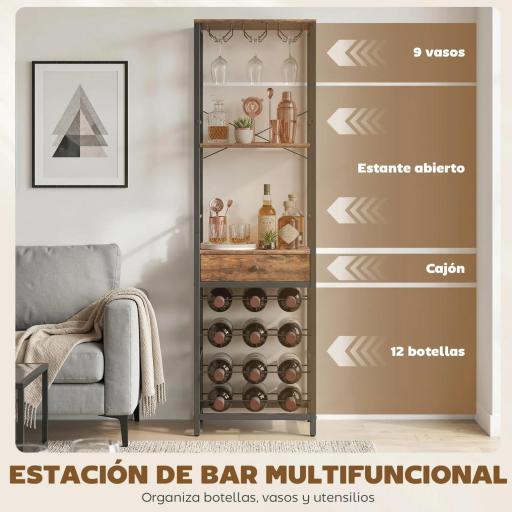 Mueble de Bar para Vinos con Soporte de Copas y Cajón Botellero para 12 Botellas con Estante Abierto Marrón Rústico [5]