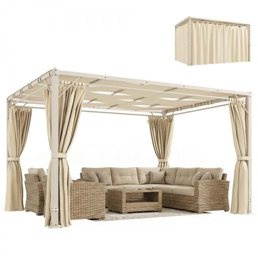 Pérgola de Jardín 3x4 m con Protección UPF 50+ Gazebo con Cortinas Estructura de Acero para Sombra Exterior Beige [9]