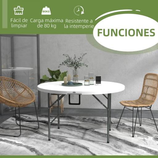 Mesa Auxiliar Redonda Mesa de Jardín Plegable con Marco de Acero y Encimera de HDPE Carga 80 kg Ø122x73 cm Blanco [8]