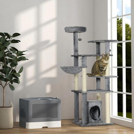 Arenero para Gatos Cubierto con Pala Cepillo 2 Puertas Entrada Principal y Salida Superior 48,5x38x36,5 cm Gris [6]
