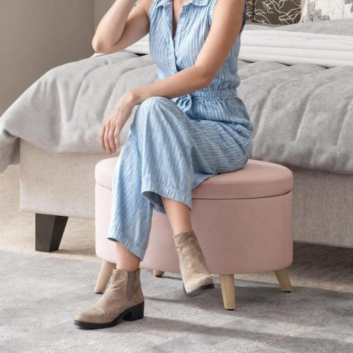 Puff Almacenaje Ovalado Banco Almacenaje 71x51,5x42 cm Tapizado en Terciopelo con Patas de Madera Maciza Rosa Claro [1]