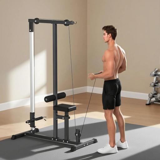 Máquina de Musculación Estación de Entrenamiento para Jalón al Pecho con Polea y Asiento Regulable para Entrenamiento en Gimnasio Hogar Oficina Carga Máx. 100 kg 107x120x190 cm Negro