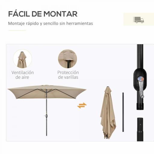 Sombrilla de Aluminio 200x300x253 cm Parasol Rectangular de Jardín Inclinable con Manivela y Poste Desmontable Caqui [3]
